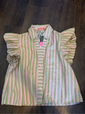 THML Women’s Pink and Green Striped Ruffle Sleeve Button-Up Top